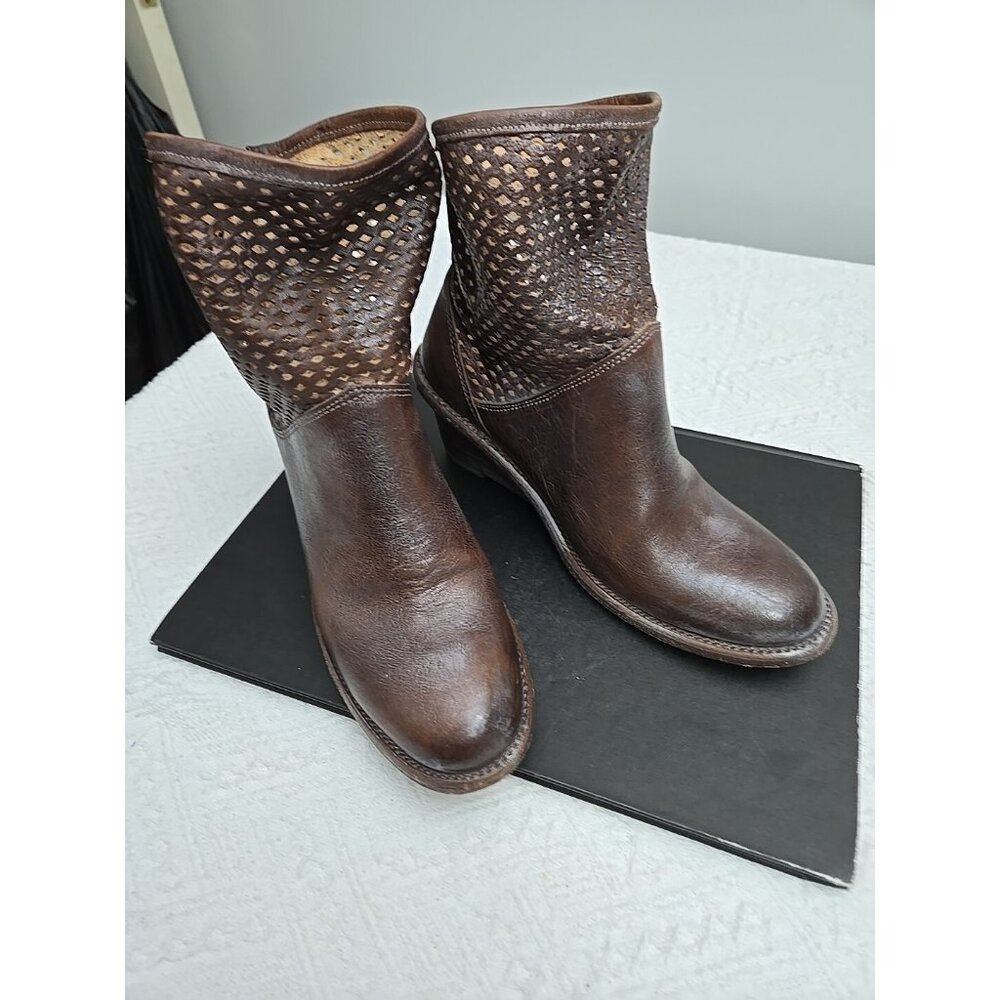 Cobbler Boots Womens Brown 10 Western Shoe Leather Pull On Perforated, Wedge